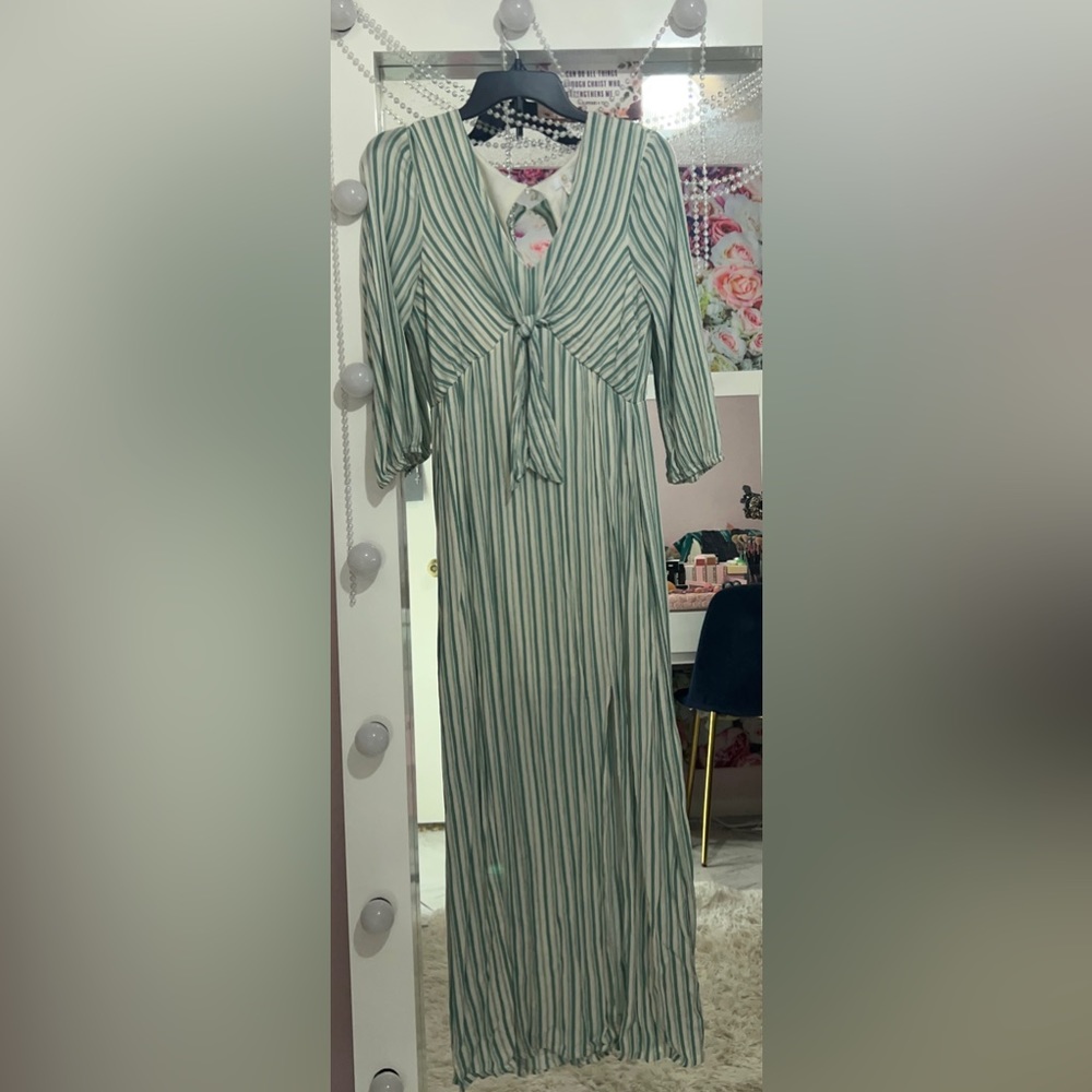 Long sleeve long green and white striped dress